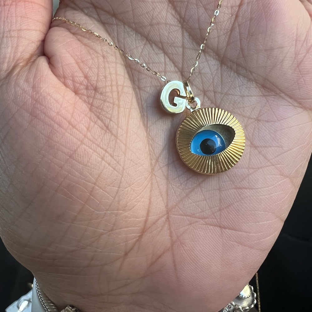 18K Solid Gold Evil Eye Pendant, Hamsa Evil Eye Medium Evil Eye